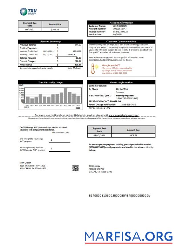 Realistic USA Texas TXU Energy utility bill template in Word and PDF format